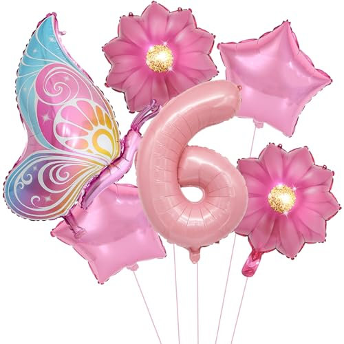 VIKY® Schmetterlinge Deko 6 Geburtstag Mädchen, Folienballon Schmetterling Deko Luftballon 6. Geburtstag Mädchen, Geburtstagsdeko 6 Jahre, Schmetterling Folienballon 6 für Kindergeburtstag Deko