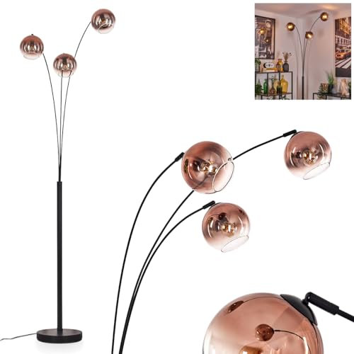 Stehleuchte Koyoto, Stehlampe aus Metall/Glas in Schwarz/Kupfer/Klar, Leuchte im modernen Retro/Vintage-Design mit Schirmen aus Glas (Ø 15 cm) u. Fußschalter, Höhe 210 cm, 3 x E14, ohne Leuchtmittel