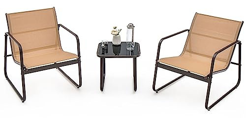 GOPLUS Salon de Jardin 2 Personnes,3Pcs Table Basse avec 2 Fauteuils Jardin,Salon de Bistrot avec Cadre Métallique, pour Jardin, Balcon, Piscine (Café)