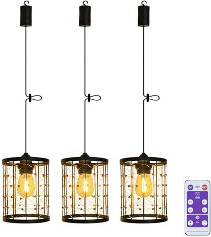 EcoGehen 3x Hängelampe ohne Strom mit Batterie Batteriebetrieben Pendelleuchte Deckenlampe ohne Stromanschluss Schwarz Lampe Zylinder Lampenschirm Hängeleuchte Deckenleuchte Schlafzimmer Garten Lampen