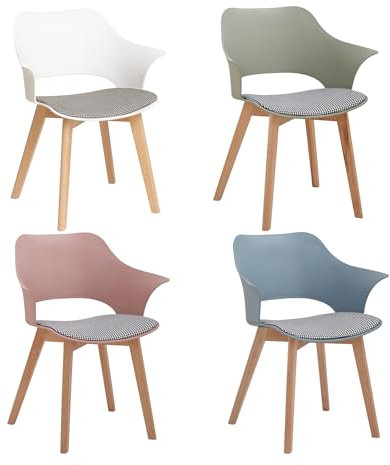 JZGORC 4er-Set Moderne Esszimmerstühle, Esszimmerstuhl im Nordischen Stil mit Armlehnen, Beinen aus Buche, Gepolsterter Küchenstuhl mit Leinenkaro – Weiß + Rosa + Hellgrün + Hellblau