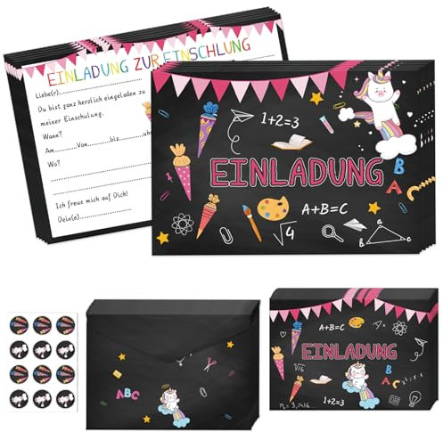 Betensh 12×Einladung Einschulung Mädchen Junge, 15×10CM Einhorn Einschulung Einladungskarten mit Umschlägen, Einladung Schulanfang Mädchen für Kinder zum Schulanfang Einschulungsparty