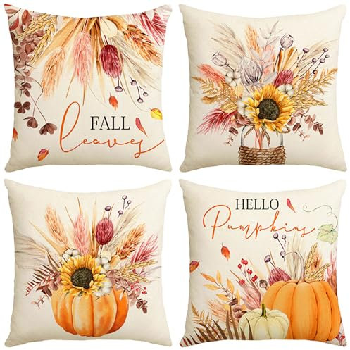 VEEKAY 4 Stück Herbstdeko Kissenbezug 45x45cm,Dekorative Kissenbezug Erntedankfest,Thanksgiving,Baumwolle Leinen Werfen Sie Kissenbezüge,für Sofa Bett Couch Home
