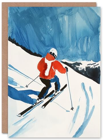 Artery8 Greeting Card Austria Skier Skiing Winter Sport Ski Watercolour Blank For Him Or Her Art Birthday Card