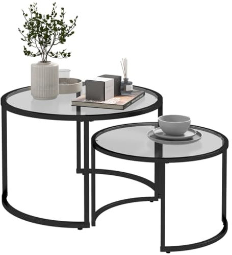 Juego de 2 mesas auxiliares redondas de cristal modernas con bases de metal, mesas auxiliares anidadas para sala de estar, oficina, balcón, dormitorio, elegante mesa auxiliar para decoración del hogar