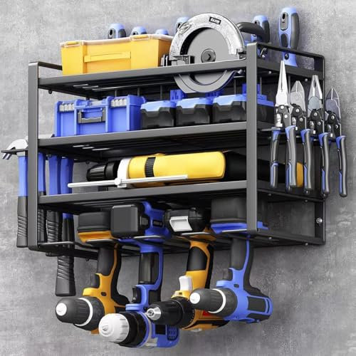 Esenlong Tool Organizer Wall Mount,Garage Power Tool Storage Organiser,Workshop Wall Mounted Storage Rack,4 Layers Tools Rack with Side Screwdriver for Garage,Home,Work Shop (Black)