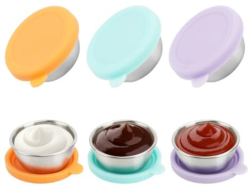 Dewocke 3 Pièces Récipient Vinaigrette avec Couvercles en Silicone, 50ml Petit Récipient à Sauce en Acier Inoxydable, Récipient Sauce Salade, Petite Boîte Alimentaire, pour Pique-niquer, Voyager