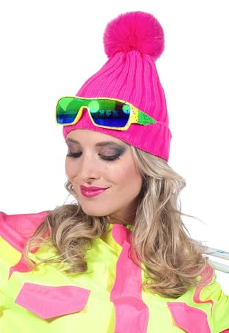 WILBERS & WILBERS 51067 - Gestrickte Mütze mit Bommel, Neon Pink, Skimütze, für Karneval, Mottopartys, Apres Ski