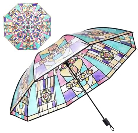 Siuwddee Stained Glass Umbrella, Transparenter Vintage-Sonnenschirm, Niedlicher Automatischer Faltbarer Regenschirm, Für Frauen, Kompakter, Einzigartiger Ästhetischer