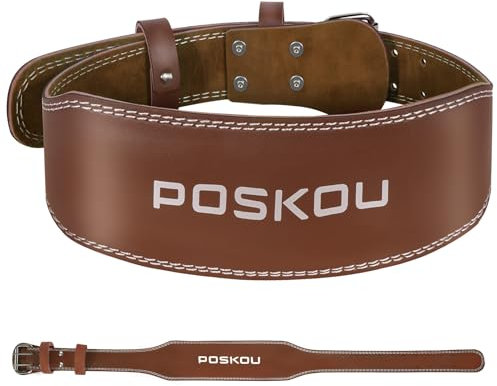 POSKOU 10.2cm Cinturon Lumbar Gimnasio, Cuero Soporte Lumbar Acolchado Cinturón GYM Hombre, Equipo de entrenamiento y Fitness de fuerza doméstica (Marrón, L: Adecuado para cintura de 79-91 cm)