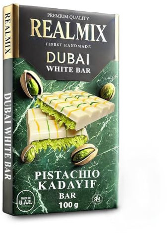 REALMIX chocolate blanco Dubái directamente desde Dubái EAU | Auténtico chocolate con leche Dubái con pistachos y relleno de Kunafa | Fabricado en Dubái E.A.U. | (Medium, White Chocolate)