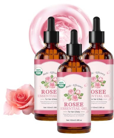 Rosenöl-Ätherisches Öl für das Gesicht, Bio Kaltgepresste Ätherische Öle mit Jojobaöl, Feuchtigkeitsspendendes Rosenöl für Gesicht, Körper & Haar, Tiefe Hydratation, Nicht klebrig (3pc, 100ml)