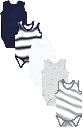 TupTam Baby Jungen Achselbody – Weicher Baby Body im 5er Pack aus Baumwolle, Body Baby Unifarben OEKO-TEX zertifiziert, Farbe: Streifenmix Blau Grau, Größe: 128