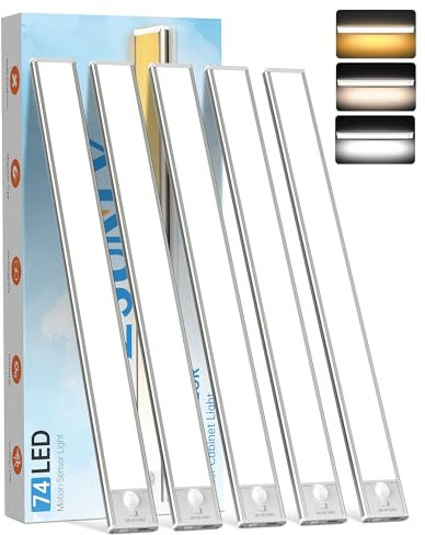 PZSUNLY Led Sottopensile Cucina - 5 Pezzi Luce LED Sottopensile Cucina 40cm, 3 Temperature di Colore con Regolazione Luminosità, Sensore Movimento Notturno, Luci Led Senza Filo per Armadio,Corridoio