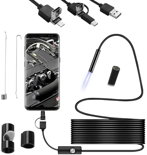 3-in-1 Endoscope Inspection Camera, 7mm USB Borescope with 6 LED Lights, IP67 Waterproof Flexible Rigid Snake Cam for Sink, Pipe, and Drain, Compatible with Android & Computer (6.56 FT/2M)