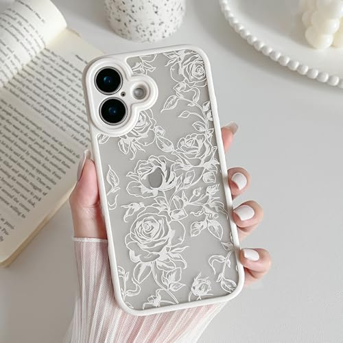 XIZYO Case for iPhone 16, Cute Frosted Translucent Rose Floral Flower Pattern Shockproof Cover, for Girls Women Luxury Aesthetic Soft TPU Protective Phone Case, Branch Rose/White