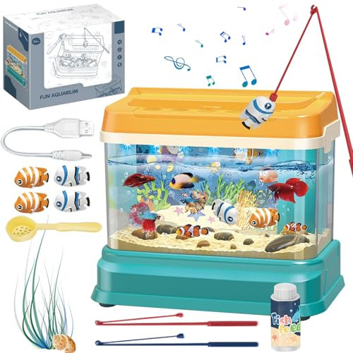 Neroyaner Acuario para bebé Juguete Educativo con luz y música pecera Artificial con 4 Peces magnéticos 2 cañas de Pescar Red y biberón.