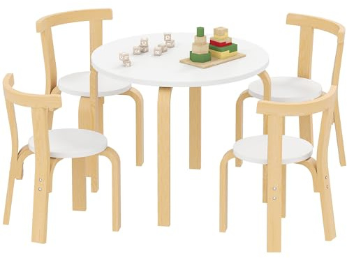 AIYAPLAY Set Tavolo e Sedie per Bambini 3-8 Anni 5 pz in Legno Bianco