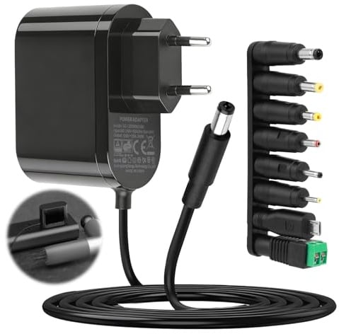 Adaptateur 12V 2A, Universel AC DC 100-240V 5.5mm x 2.1mm avec 8 Adaptateur | Chargeur 50/60Hz Alimentation Transformateur 24W 2000/1000/500mA pour Haut-Parleurs Bandes LED Routeurs Caméras Monitor, 1.5M