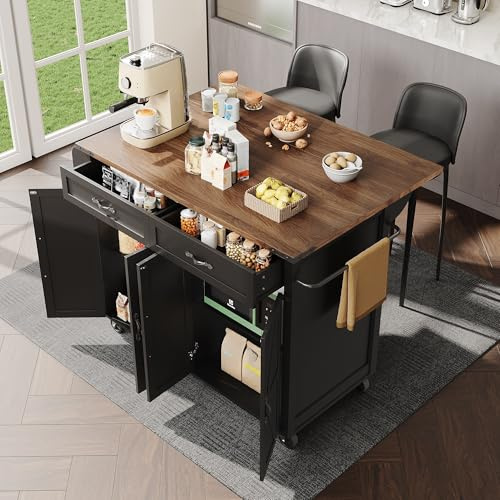 Ktipm Isla de Cocina con Mesa Plegable y Ruedas, Muebles de Cocina con 2 Cajones y 4 Puertas, Aparador Armario Auxiliar Cocina con Toallero para Cocinar y Comer, 140x45-73x92 cm, Negro