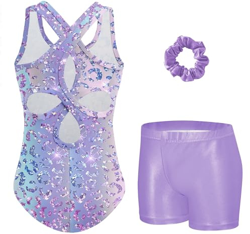 Arshiner Gymnastikdräkt för flickor, 3-delat gymnastikdräkt för barn med shorts och hårsnodd, ärmlös gymnastikdräkt med klipp-rygg och glitter, balettdräkt och dansbody i 3–11 år