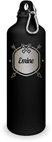 Trinkflasche mit Namen Emine - graviert mit Hipster Layout, Aluminiumflasche mit Gravur, Sportflasche - matt schwarz