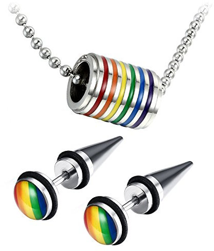 OIDEA Herren Damen Halskette Ohrringe Schmuck Set, Edelstahl Regenbogen Homosexuell LGBT Gay & Lesbian Pride Anhänger mit Kette Ohrstecker Set