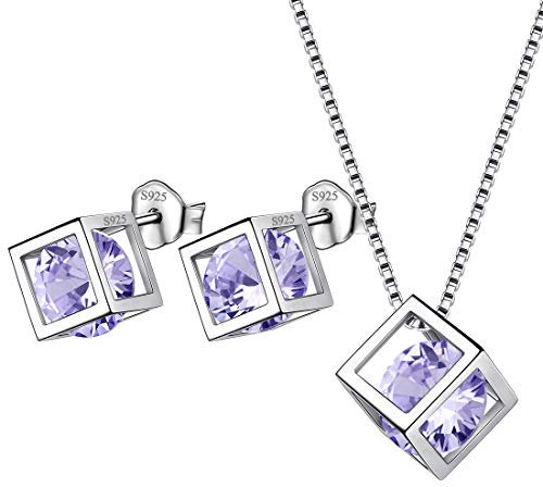 Aurora Tears Juni Birthstone Halskette Ohrstecker 925 Sterling Silber Blau Alexandrit Quadrat Geburtsstein Schmuck Set Geschenke für Frauen und Mädchen DS0028D
