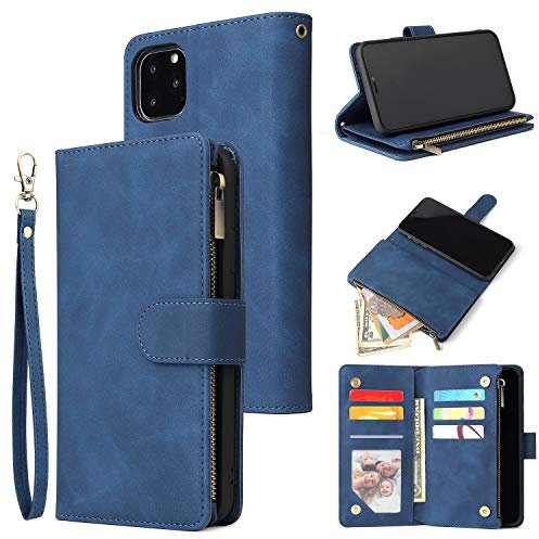 UEEBAI Wallet Case for iPhone 11, Premium Vintage PU Leather Magnetic Closure Handbag Zipper Pocket Case Kickstand Card Holder Slots with Wrist Strap TPU Shockproof Flip Cover for iPhone 11 - Blue