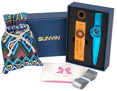 SUNYIN Holz Metal Kazoo, sch?ne Geschenkbox f¨¹r Kinder und Erwachsene, Geschenkpaket mit Musikinstrumentenspielzeug f¨¹r alle Altersgruppen, einfachstes Instrument (blau)