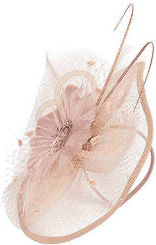 Yukong Chapeau Bibi en Maille Filet avec Plume et Bandeau pour Femme, Polyester, Rose, Taille Unique