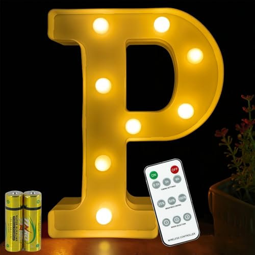 HONPHIER® Letter Lights Decorative LED Alphabet Lights Remote Control Marquee Decoration Light Up Sign Battery Operated for Birthday Party Wedding Receptions Holiday Bar Home Bedroom Bath Decor (P)