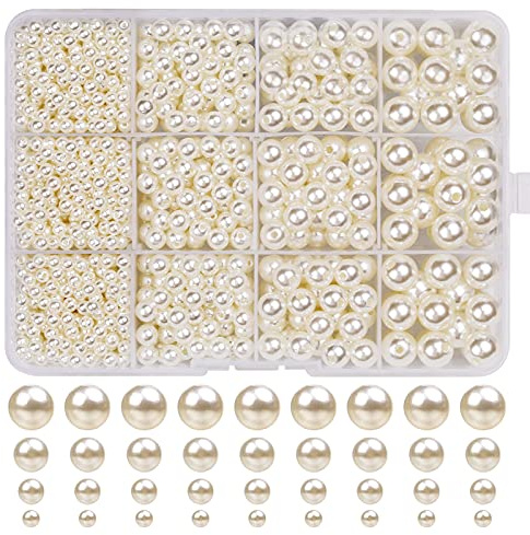 1320 Pcs Pearl Beads, Ivory White Round Pearl Beads for Jewellery Making Crafting Necklaces Bracelets Earrings Rings Jewelry Making Supplies, 4/6/8/10mm Imitation Pearls Satin Luster
