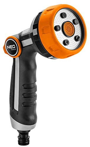 NEO TOOLS Gartenbrause, 5-Funktionen Handbrause - Multi Gartenspritze mit Ergonomischer Griff, Metallscheibe - Orange, Schwarz Wasserspritze für Garten, Regulierung der Wasserstrahlstärke