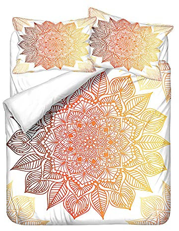Hiser Bettwäsche-Set 3 Teilig - Mandala Bedrucktes Weich Bettwäsche Set - Mikrofaser Bettbezug und Kissenbezug - Erwachsene Kinder Bettwäsche-Set (Orange Gelb,135x200cm)