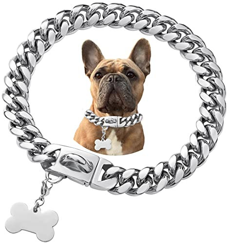 Stainless Steel Metal Buckle Dog Chain Collar, Cool Charm Pet Bulldog Jewelry Necklace, Waterproof Rose Gold Black Silver Heavy Duty Anti-chew Curb Cuban Chains Dog Collar for Small Medium Large Dogs