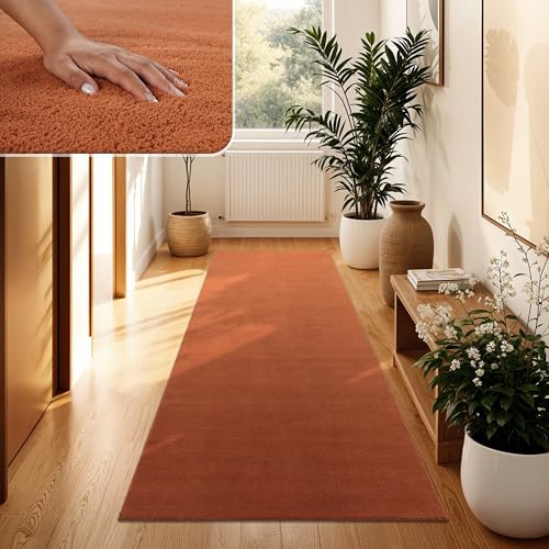 Paco Home Alfombra Moderna y Suave para Salón a Pelo Corto Lavable Fluffy Uni Efecto Piel Intemporal Elegante Antideslizante Fácil de Limpiar, tamaño:80x300 cm, Color:Cobre