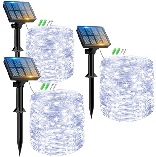 3 Stücke Solar Lichterkette Aussen, Peasur 3x12M 120 LED Solarlichterkette Außen Wetterfest, 8 Modi IP65 Wasserdicht Kupferdraht Lichterkette Outdoor für Balkon Garten Party Hochzeit Deko, Kaltes Weiß