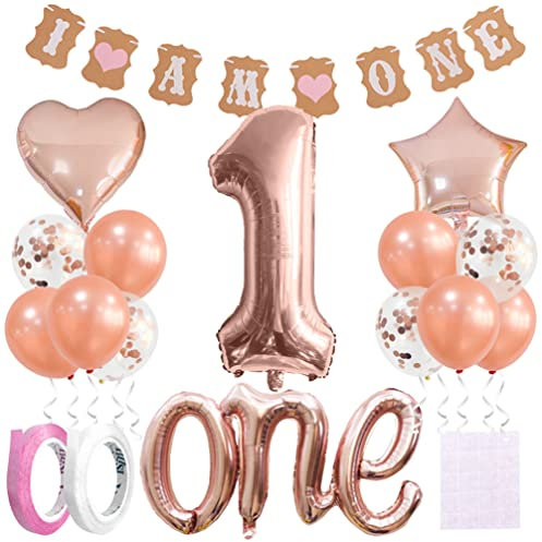 Houhounb 1. Geburtstag Dekoration Set I AM ONE Baner 40 Zoll Nummer 1 Ballon Roségold Große One Ballon Latexballon Luftballon für Deko Junge Mädchen Geburtstag First Birthday Dekorationen