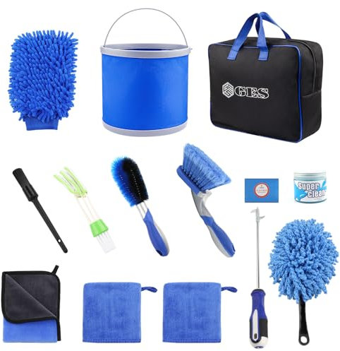 GES Car Cleaning Kit with Storage Bag - 14PCS Exterior and Interior Car Washing Tools, Bucket, Wheel Brush, Microfiber Mitt, Drying Towel, and Car Clay Ba (Blue)