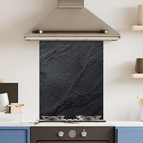 Premium 60 cm x 75 cm Black Concrete Glass 6mm Kitchen Splashback Heat Resistant Toughened Polished Edges - Back Splash Back Coloured Hob Painted Tempered Splashback