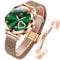 OLEVS Damenuhr Roségold mit Herz Diamant Grün Gesicht Quarz Armbanduhr Wasserdicht Gürtel Armreif Set
