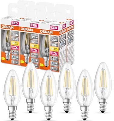 OSRAM SUPERSTAR+ CLASSIC B FIL 25 LED-Lampe, E14, Minikerzenform, 2,2W, 300lm, 2700K, warmweißes Licht, stark reduzierter Blauanteil, geringere Augenbelastung, dimmbar, energiesparend,6-Pack