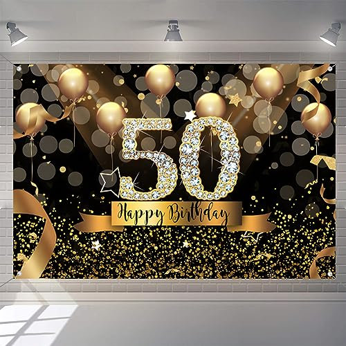 50th Birthday Decorations for Women, Black and Golden Fabric Sign Poster 50 Years Old Backdrop Banner, 50th Birthday Party Supplies Photo Background Welcome Sign, 150 cm x 90 cm
