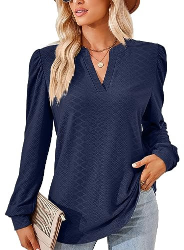 EDOTON Damen Tshirt Langarmshirts V Ausschnitt Bluse Langarm Tops Herbst Winter Casual Solide Tunika Damen (L,Z Langarm Marineblau)