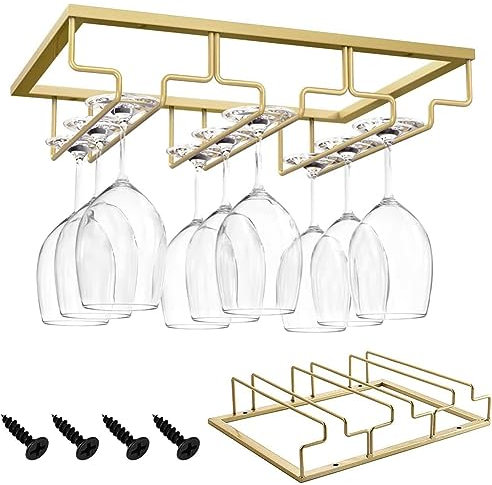 TTBDDM Estante Colgar Copas de Vino, Portavasos para Vino, Soporte Copas para Vino, Colgador Copa Vino Metal, con 4 Tornillos, para Hogar, Bar, Cocina, Restaurante, 3 Ranuras, Oro