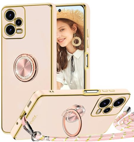 TVVTPU Funda para Xiaomi Redmi Note 12 Pro 5G/Poco X5 Prol 5G con Cuerda y Anillo de Soporte 360°, Carcasa Galvanizado Suave TPU Bumper Antigolpes Móvil Case con Ajustable y Retirable Collar, Rosa