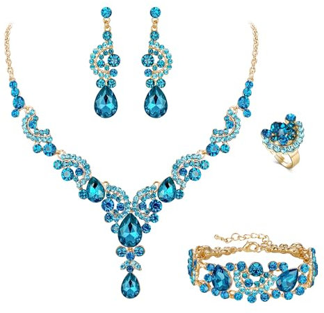 EVER FAITH 4 Stück Schmucksets für Damen Party Hochzeit Braut Strass Kristall floralen Welle Teardrop Halskette baumeln Ohrringe Armband Ring Set Himmelblau Gold-Tone
