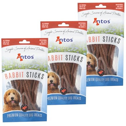 Antos Hundeleckerli - Kaninchen Stäbchen - Kausticks - 90% Kaninchen - fettarm nur 2% Fett - Diätfutter - weich - 3 x 100g