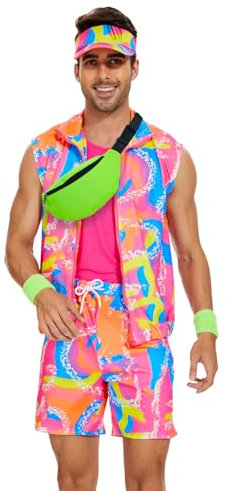 AJGEGJE Herren 80er Jahre Workout Kostüm, 80er Jahre Accessoires mit Bauchtasche, Sonnenblenden Hut, Handgelenkbänder, Movie Skating Kostüm Outfit für Halloween Cosplay (3XL)